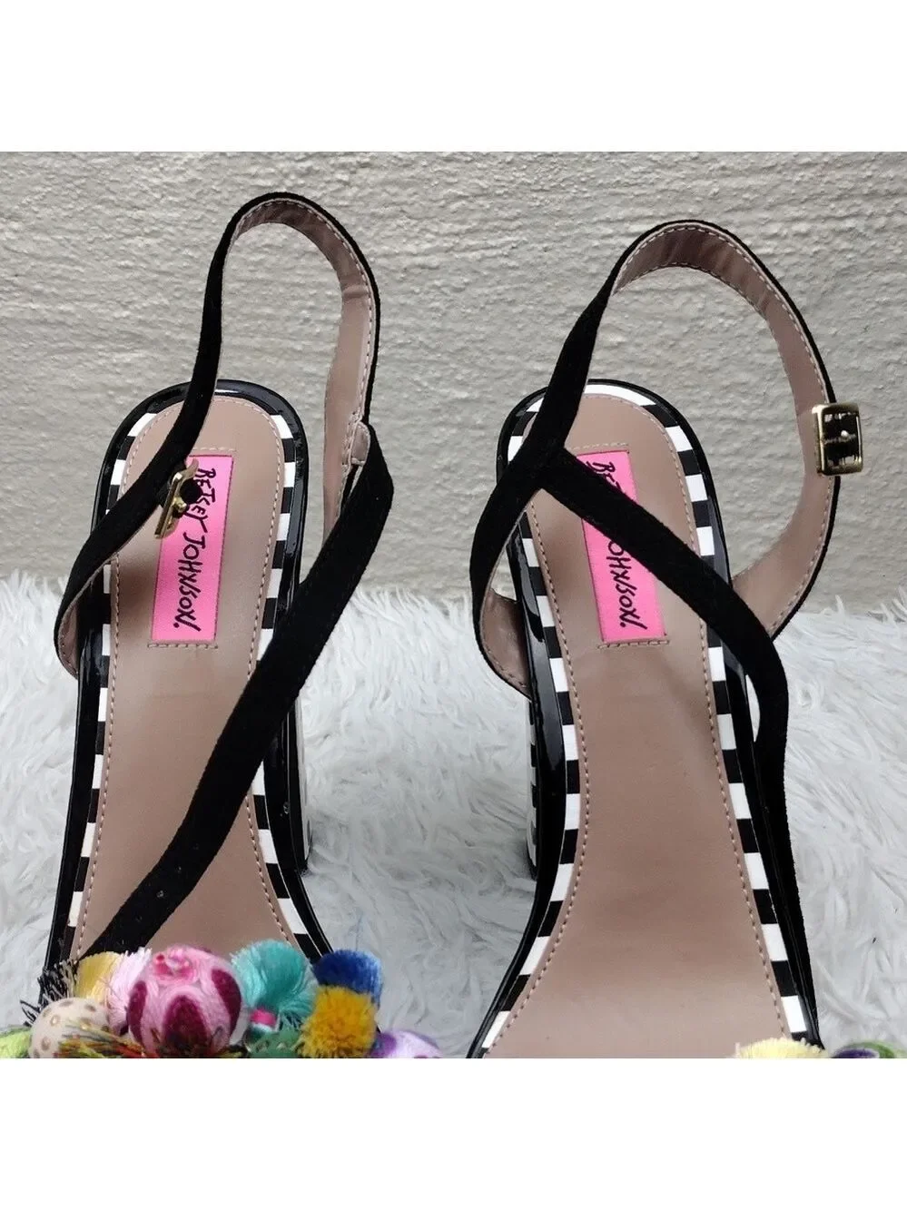 Betsey Johnson Polka Black White Embroidered Open Toe Slingback High Heel Shoe